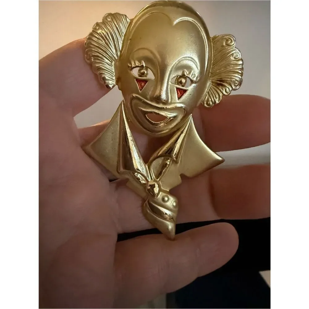 Vintage Gold Clown Face Brooch Statement Women Jewelry Art Unique Pin